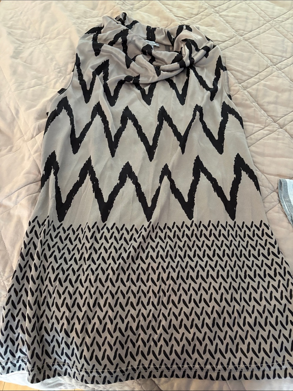 Sleeveless Cowl Neck Tunic in Beige with Black Zigzag Pattern